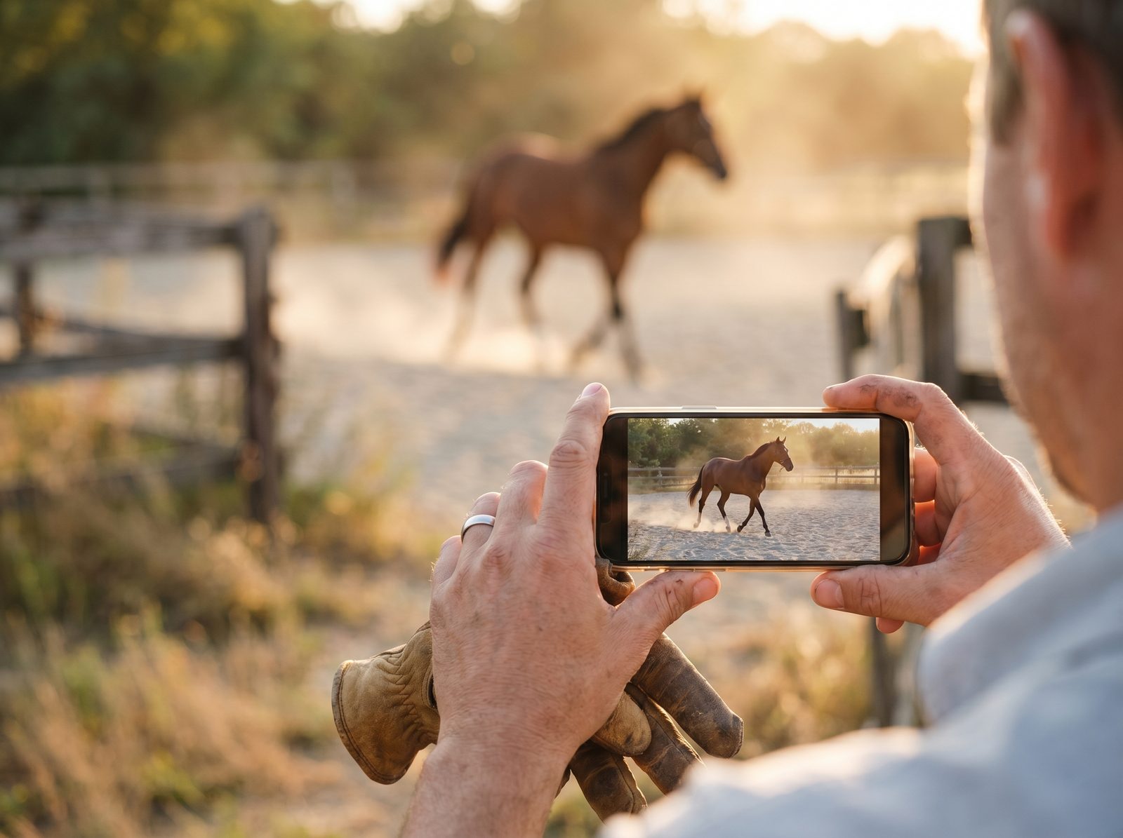 Smartphone filmt ein trabendes Pferd für die Videoanalyse