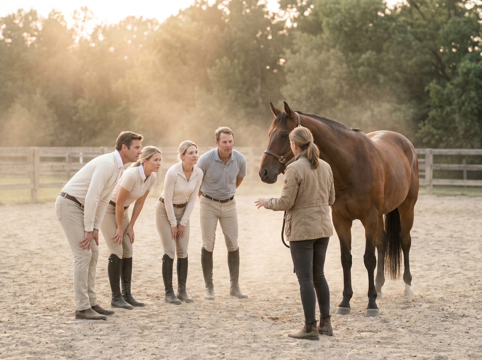 Seminargruppe mit Pferd im Sandviereck