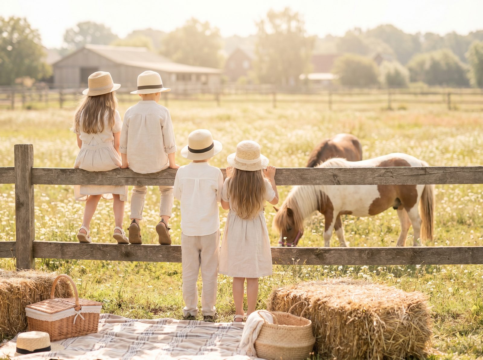 Kinder beobachten Ponys auf der Sommerwiese