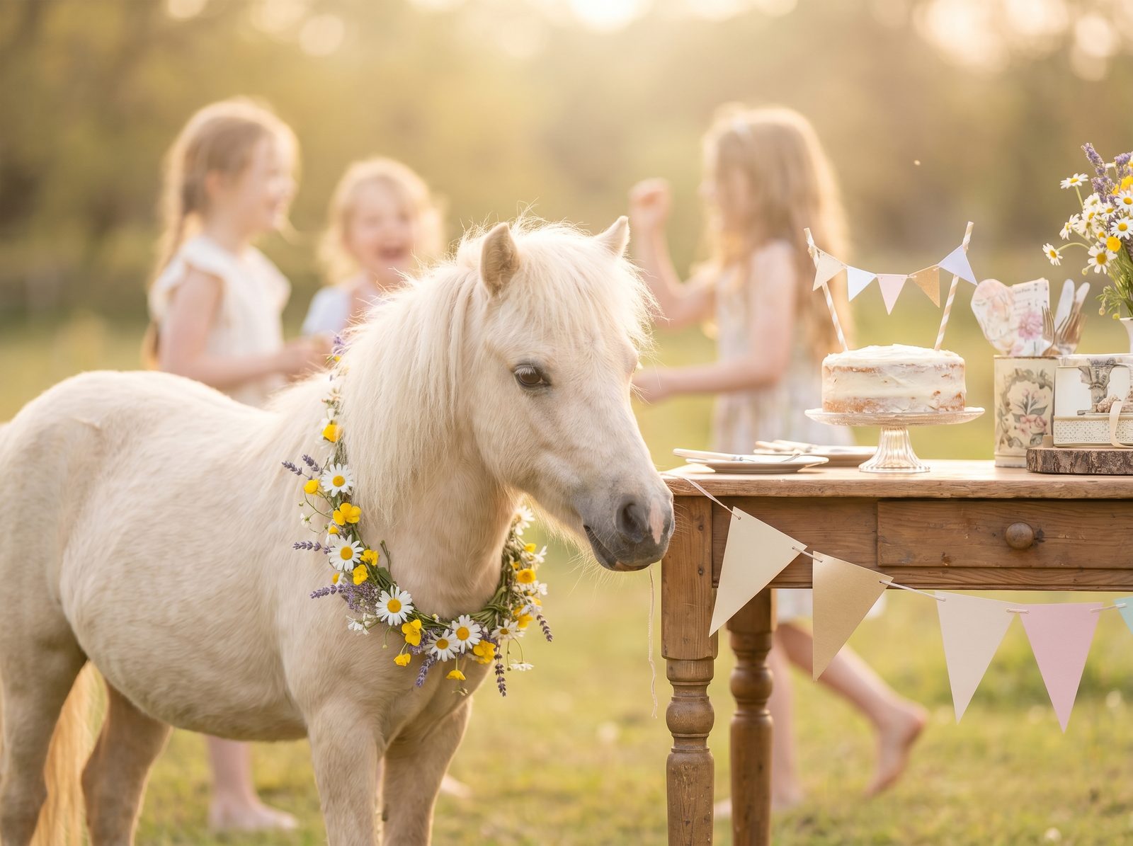 Pony mit Blumenkranz beim Kindergeburtstag