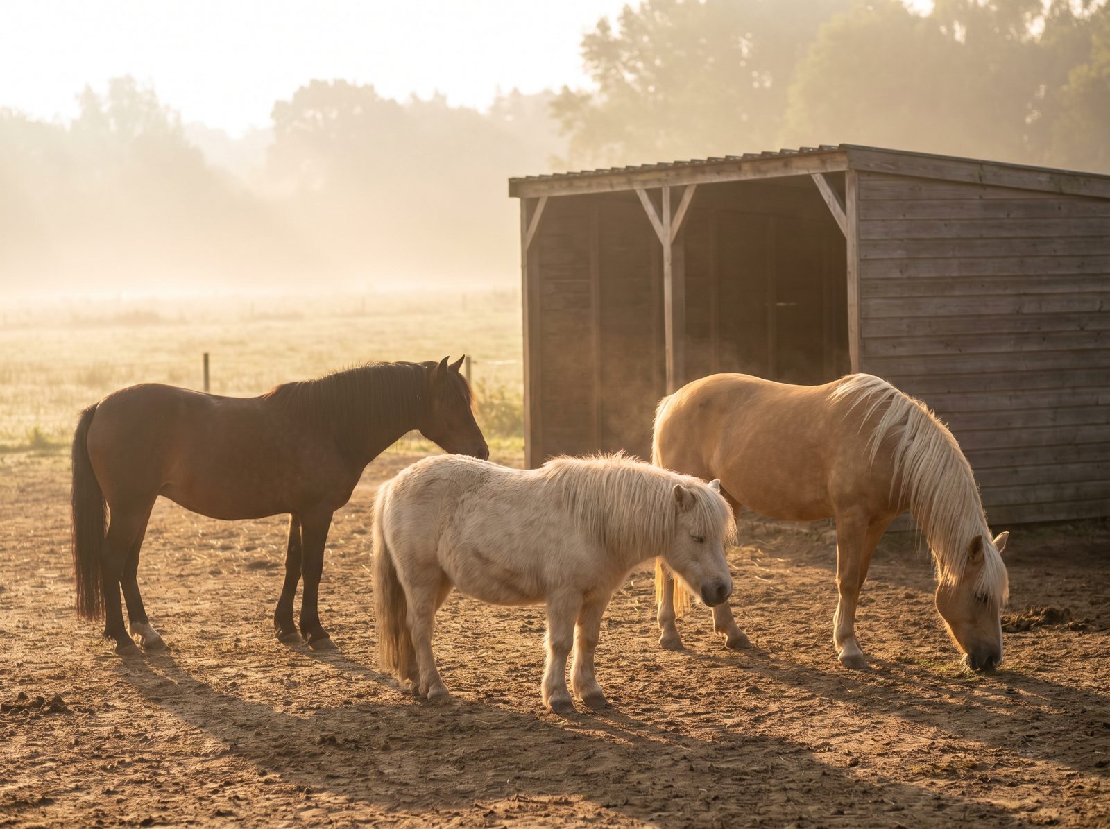 Entspannte Ponys im Offenstall am Morgen