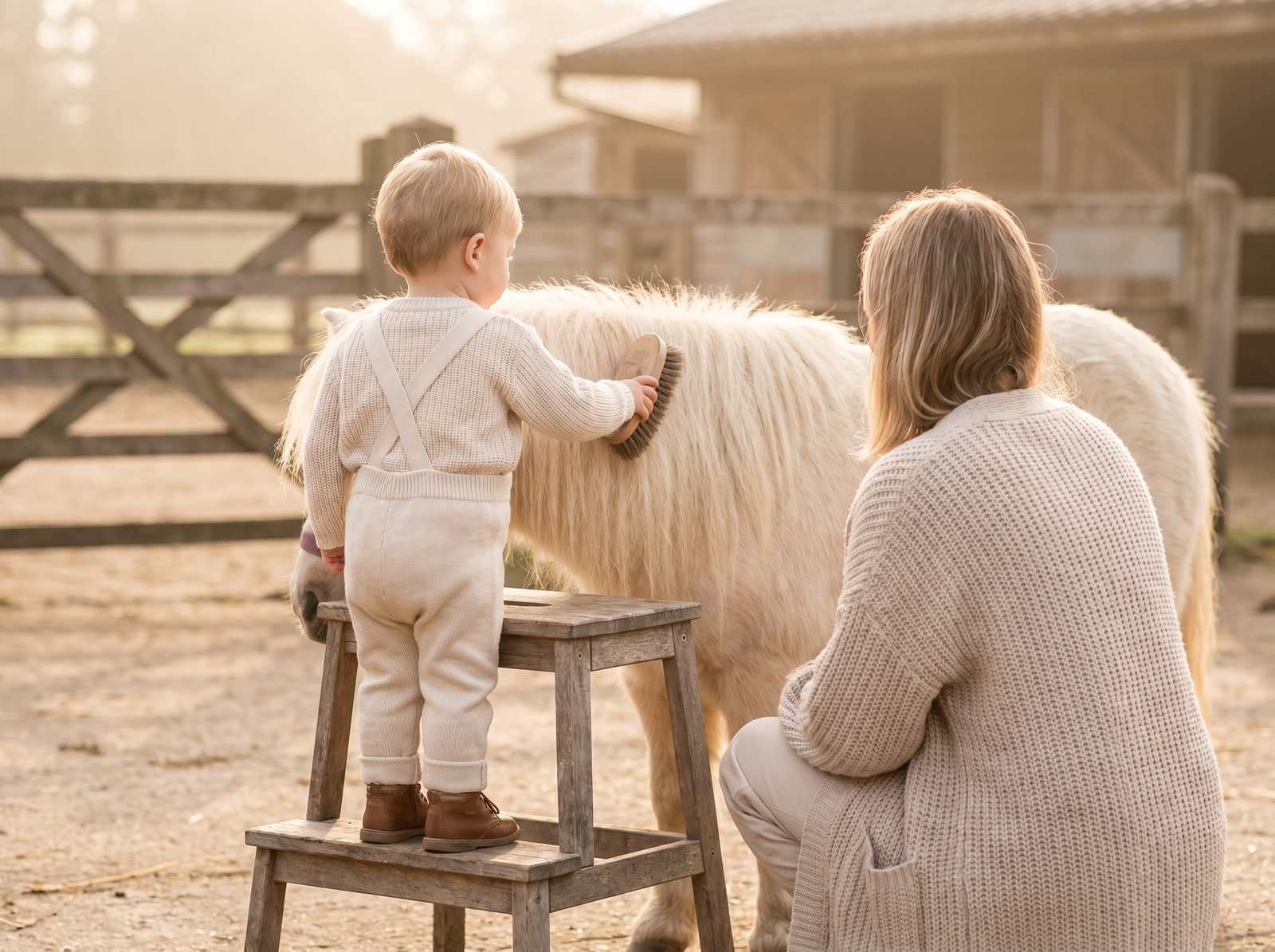 Kleines Kind putzt ein Pony, Mama hilft