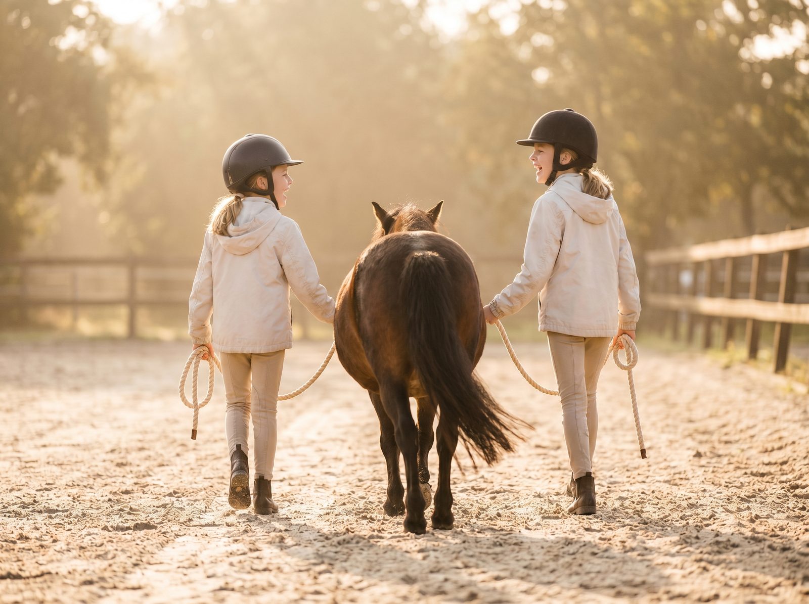Zwei Kinder führen gemeinsam ein Pony